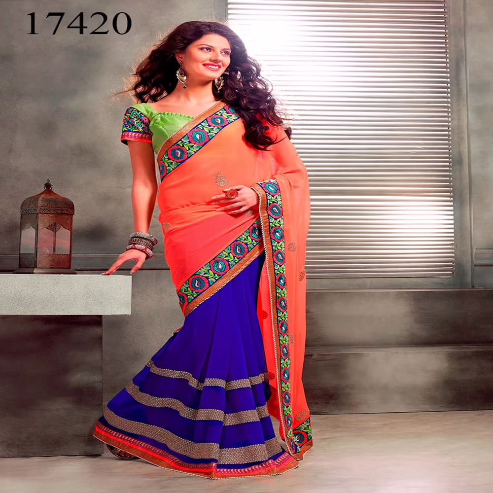 Viva N Diva Orange & Blue Colored Chiffon Saree