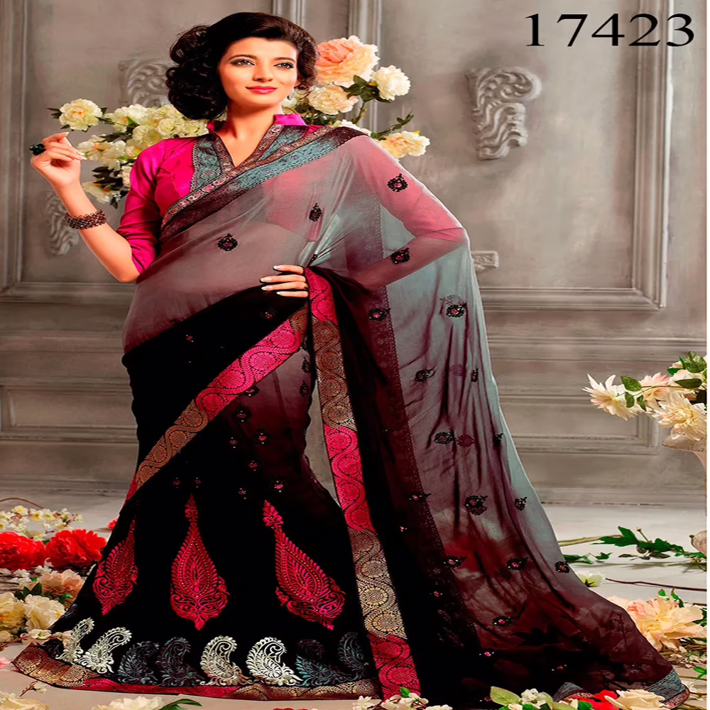 Viva N Diva Grey & Black Colored Georgette Saree