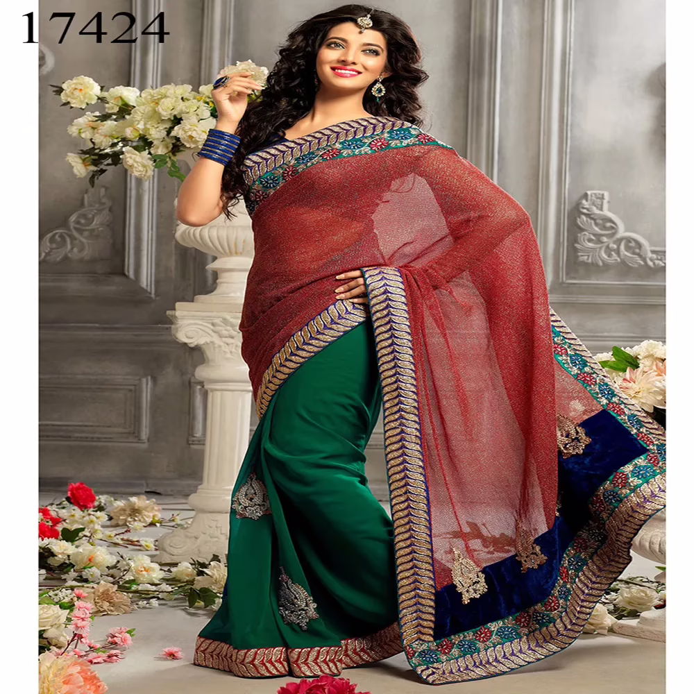 Viva N Diva Red & Green Colored Georgette & Jacquard Saree