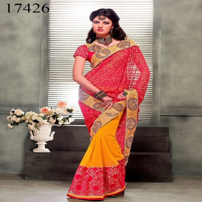Viva N Diva Pink & Yellow Colored Jacquard & Net Saree