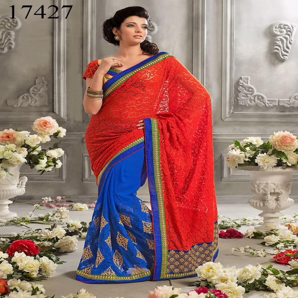 Viva N Diva Red & Blue Colored Net & Georgette Saree