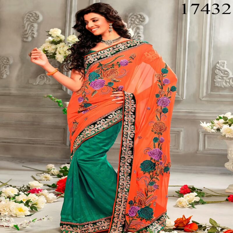 Viva N Diva Orange & Green Colored Georgette & Bhagalpuri Saree