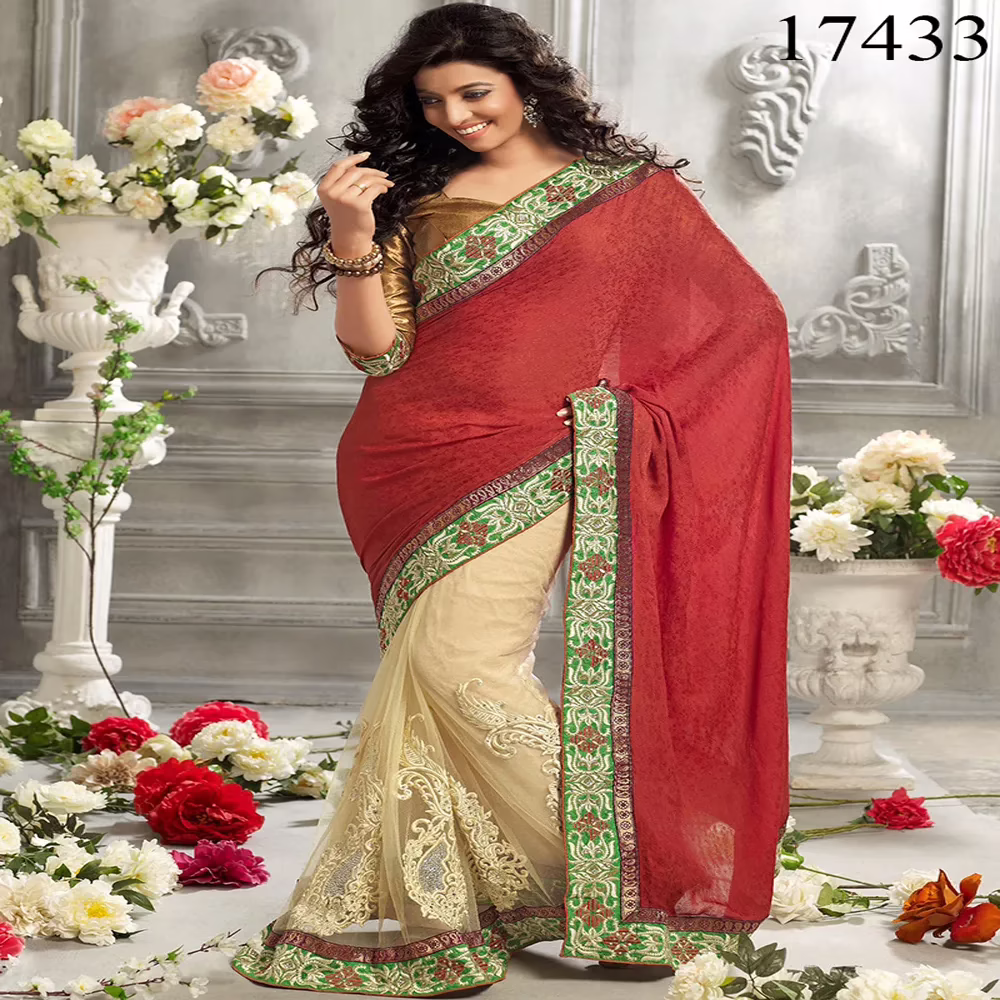 Viva N Diva Red & Cream Colored Crepe & Net Saree