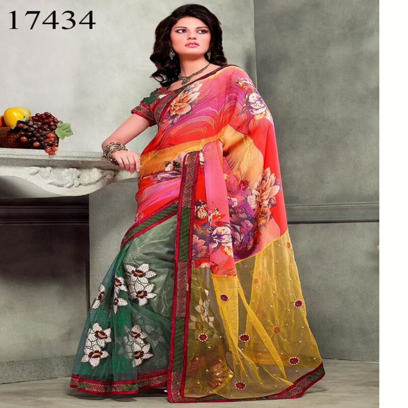 Viva N Diva Pink, Yellow & Green Colored Net & Satin Saree