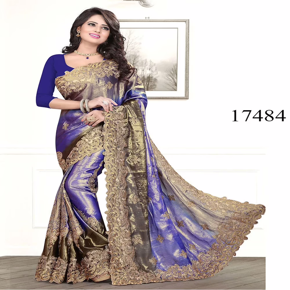 Viva N Diva Blue & Gold Colored Satin Chiffon Saree
