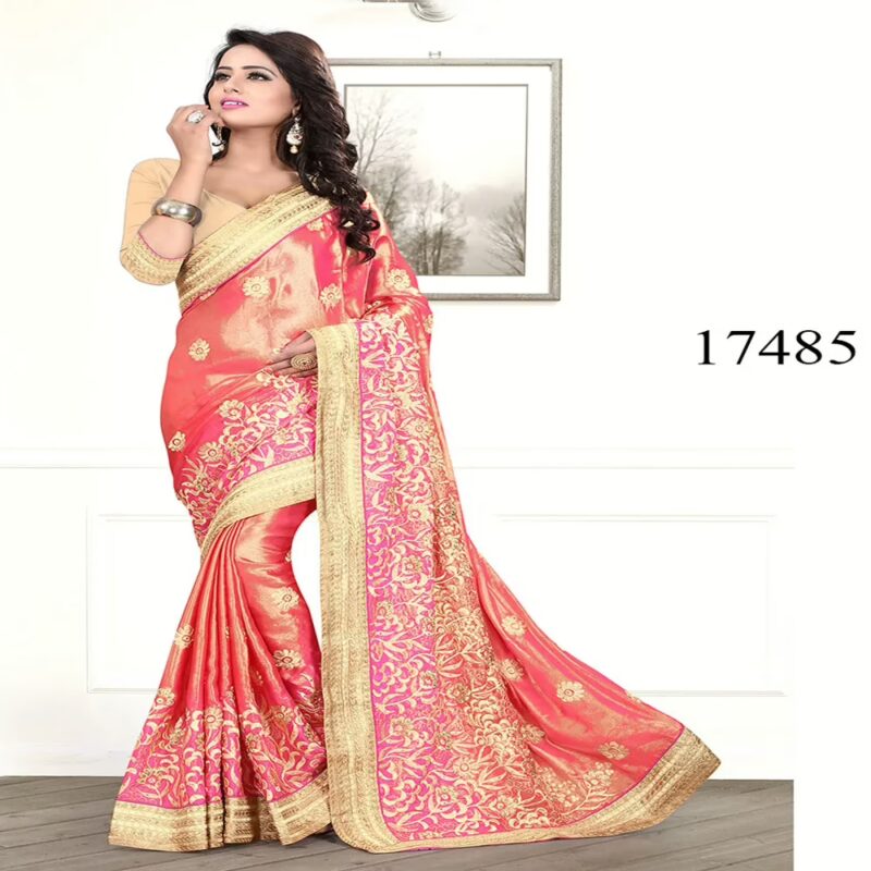 Viva N Diva Orange & Pink Colored Satin Chiffon Saree