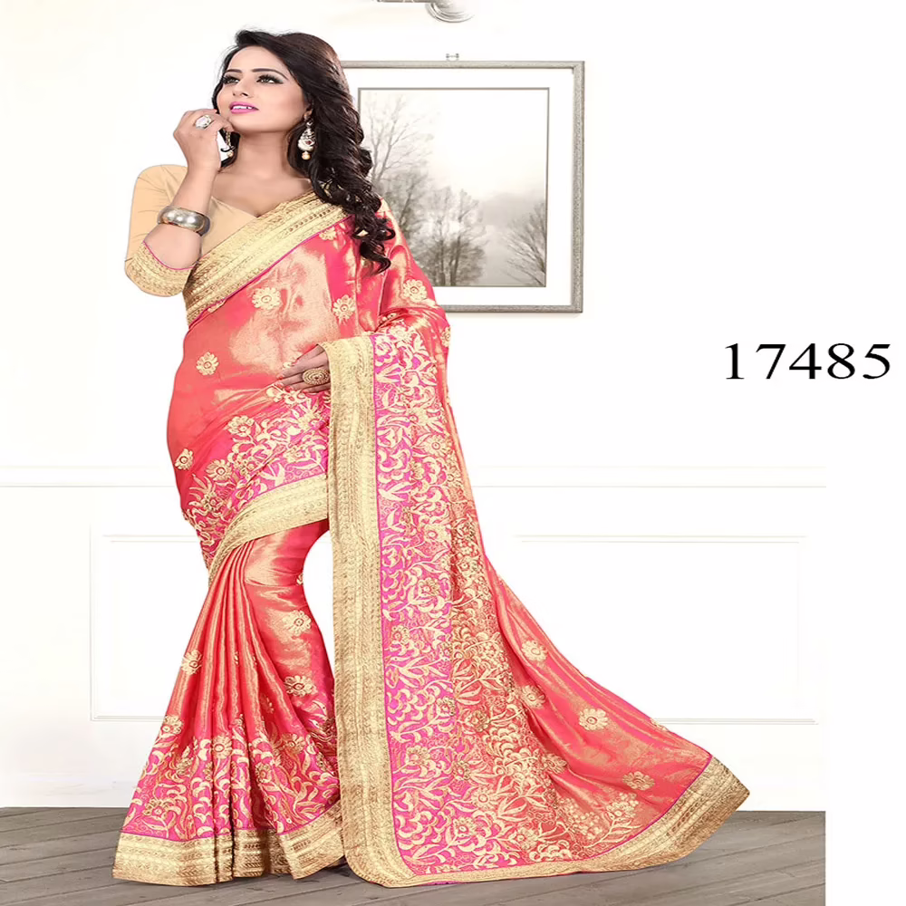 Viva N Diva Orange & Pink Colored Satin Chiffon Saree
