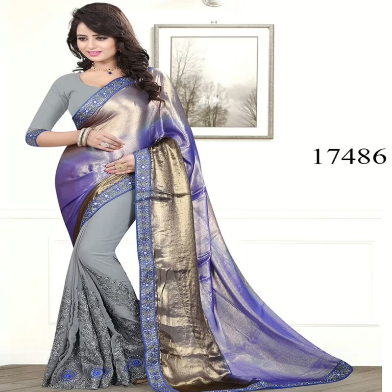 Viva N Diva Grey & Blue Colored Satin Chiffon & Georgette Saree