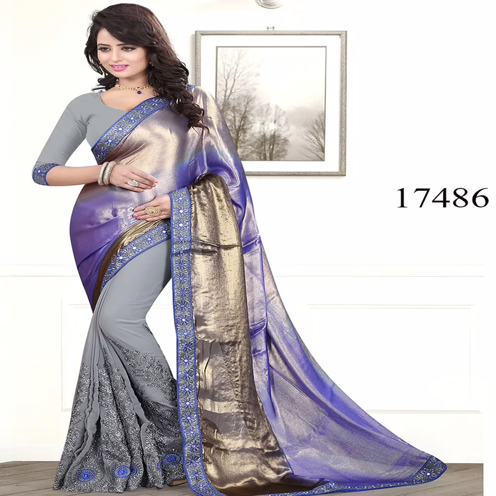 Viva N Diva Grey & Blue Colored Satin Chiffon & Georgette Saree
