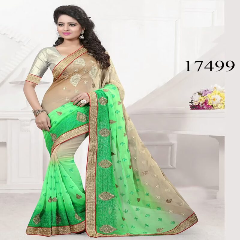 Viva N Diva Beige & Green Colored Chiffon Saree