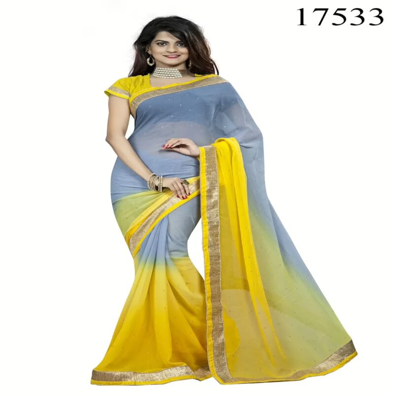 Viva N Diva Blue & Yellow Colored Chiffon Saree.