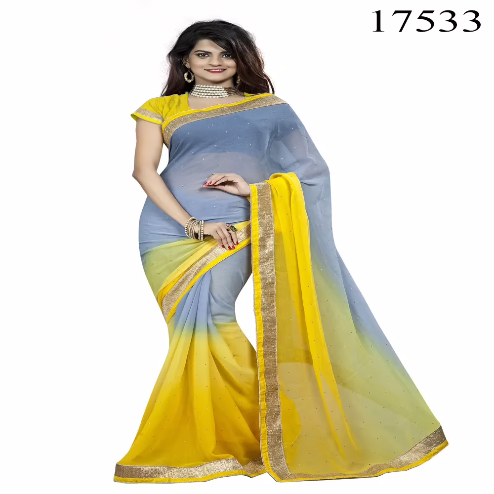 Viva N Diva Blue & Yellow Colored Chiffon Saree.