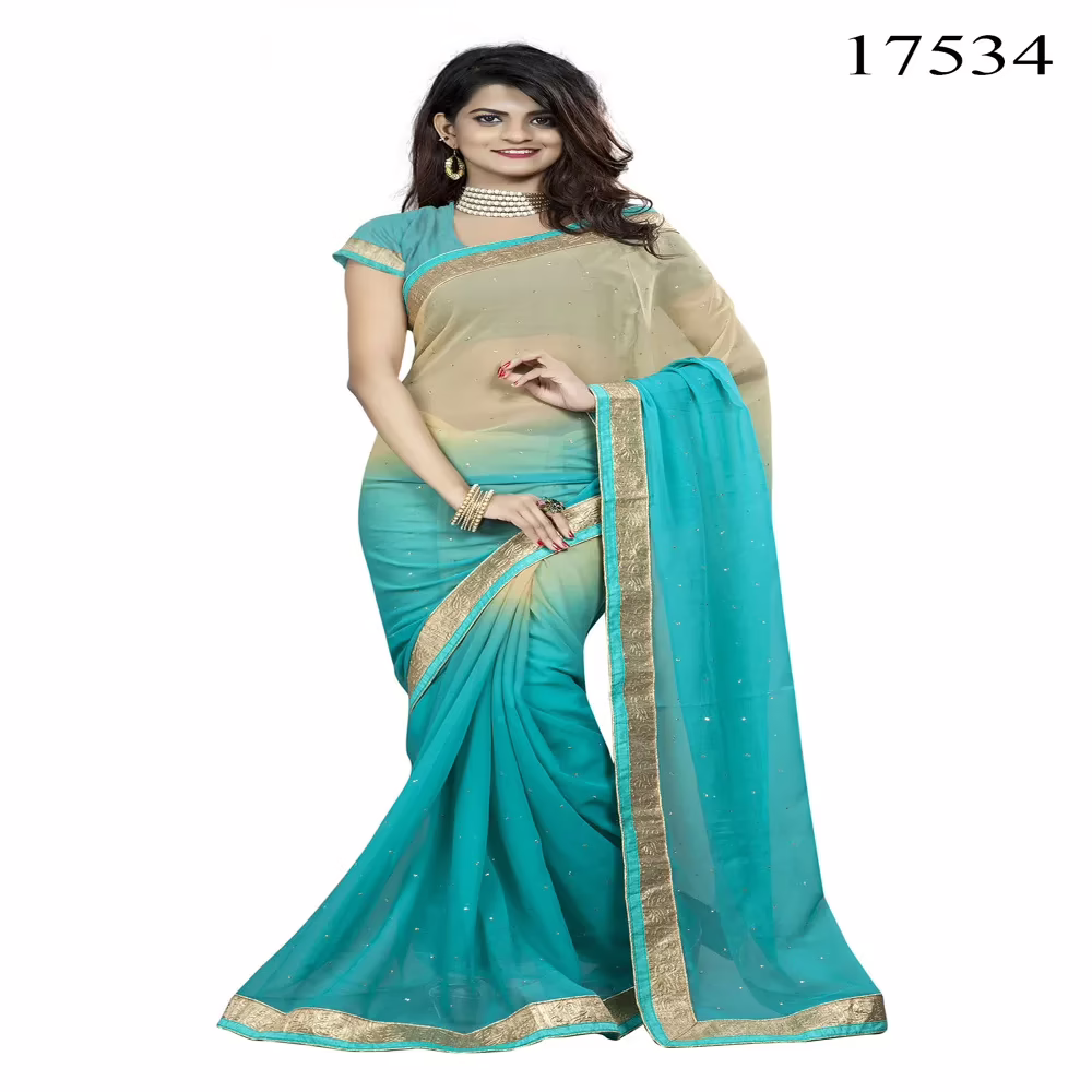 Viva N Diva Beige & Blue Colored Chiffon Saree.
