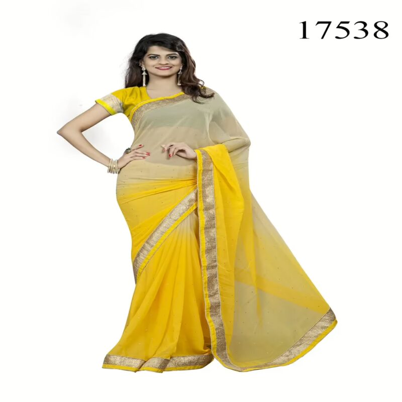 Viva N Diva Beige & Yellow Colored Chiffon Saree