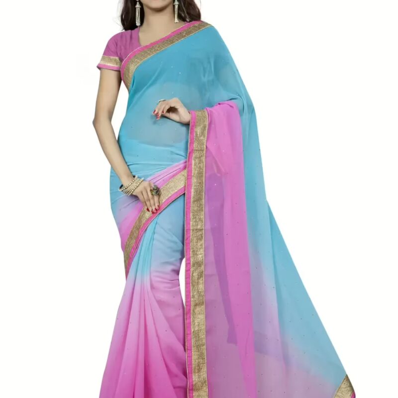 Viva N Diva Blue & Pink Colored Chiffon Saree.