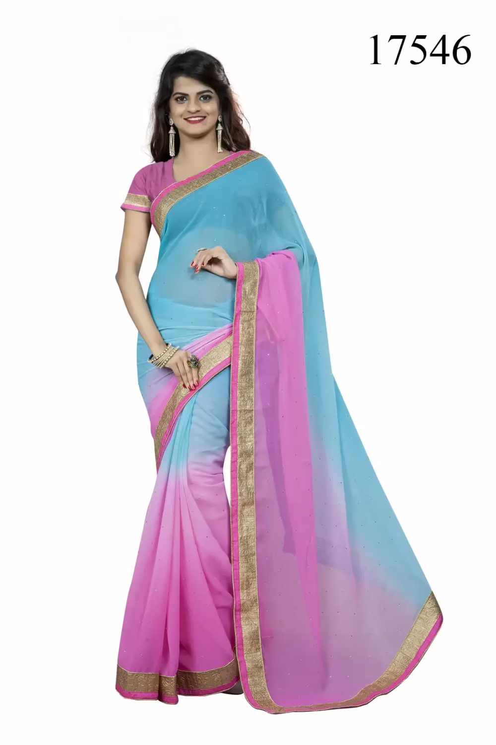 Viva N Diva Blue & Pink Colored Chiffon Saree.