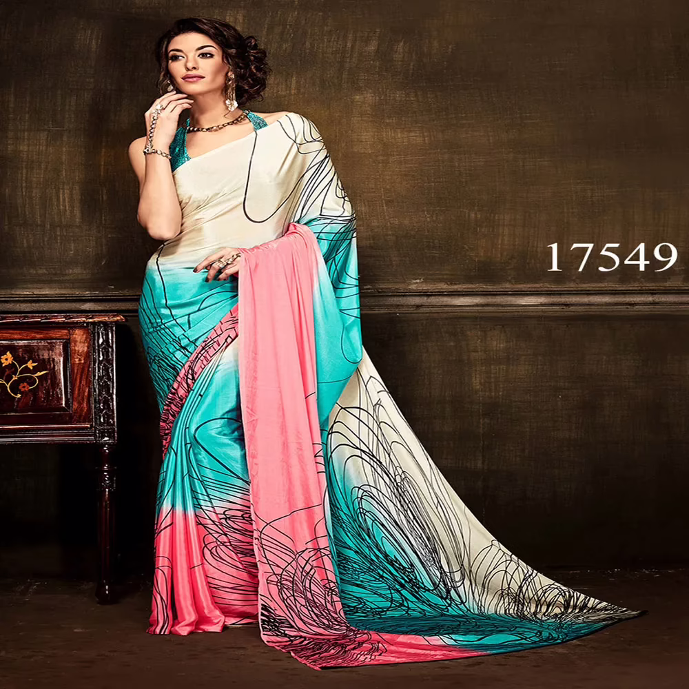 Viva N Diva Cream, Blue & Peach Colored Silk Crepe Printed Saree