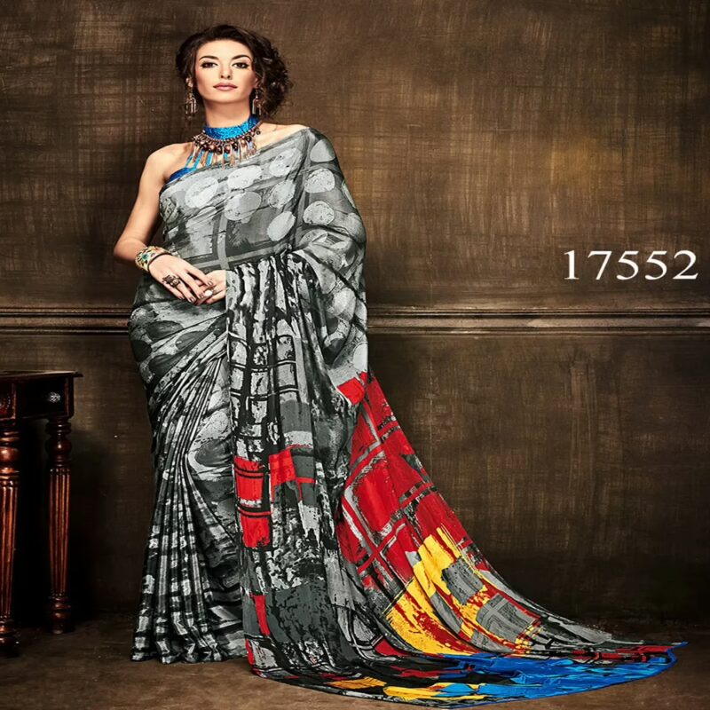 Viva N Diva Grey Colored Silk Crepe Printed Saree