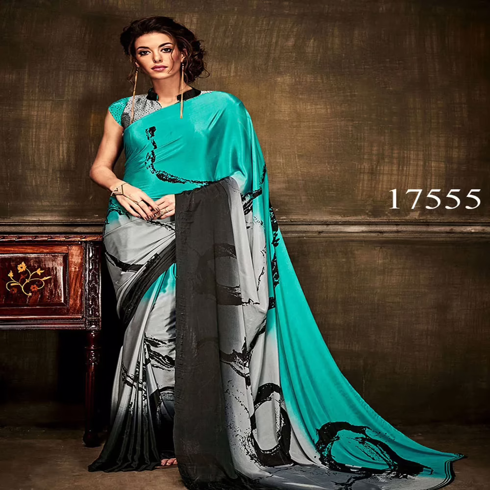 Viva N Diva Blue & Grey Colored Silk Crepe Printed Saree