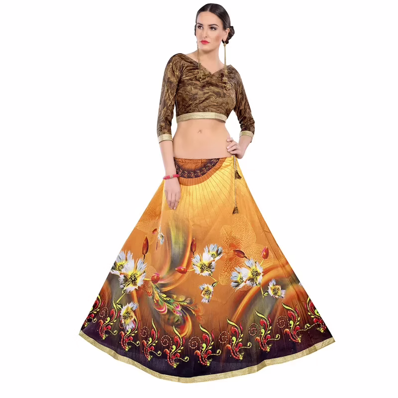 Viva & Diva Yellow Paper Silk & Banglori Printed Lehenga