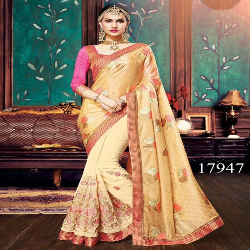 Viva N Diva Beige Colored Silk And Georgette Saree