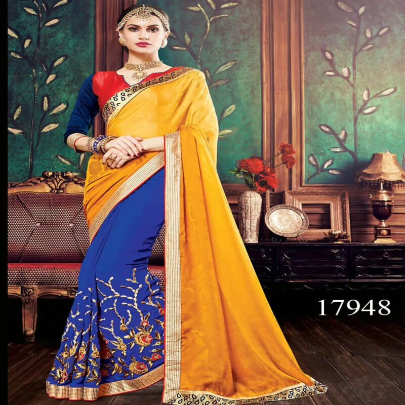 Viva N Diva Yellow And Blue Colored Crepe Jacquard And Georgette Saree