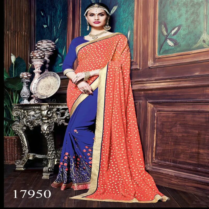 Viva N Diva Orange And Blue Colored Georgette And Brasso Jacquard Saree