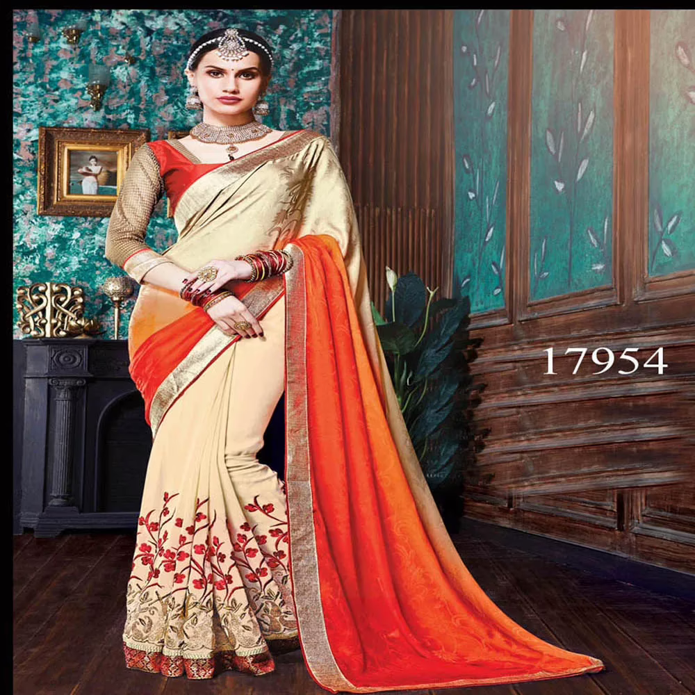 Viva N Diva Beige And Orange Colored Crepe And Georgette Saree