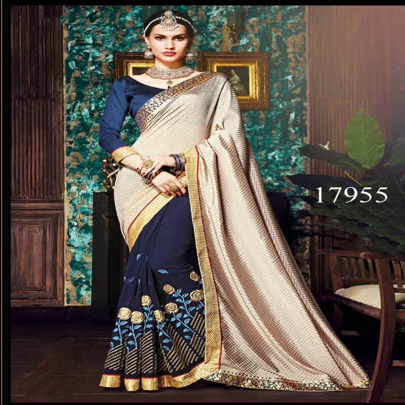 Viva N Diva Beige And Blue Colored Crepe And Georgette Saree