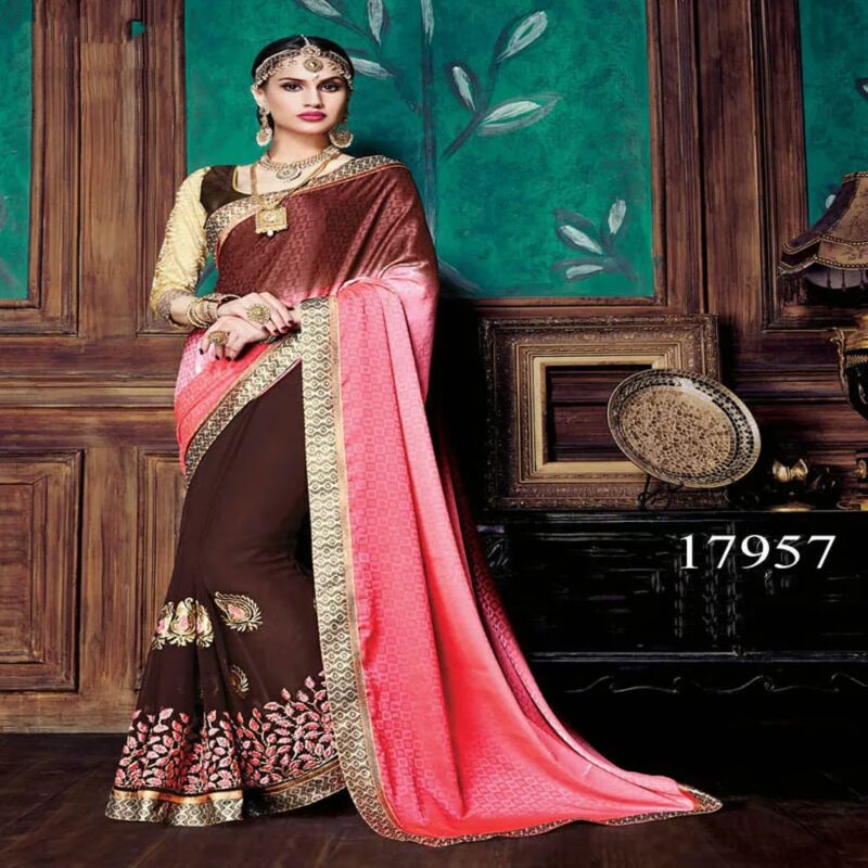 Viva N Diva Pink And Brown Colored Crepe Jacquard And Georgette Saree