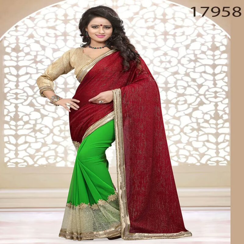 Viva N Diva Maroon And Green Colored Velvet And Georgette Saree