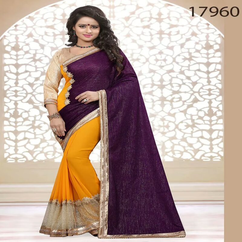 Viva N Diva Magenta And Orange Colored Velvet And Georgette Saree