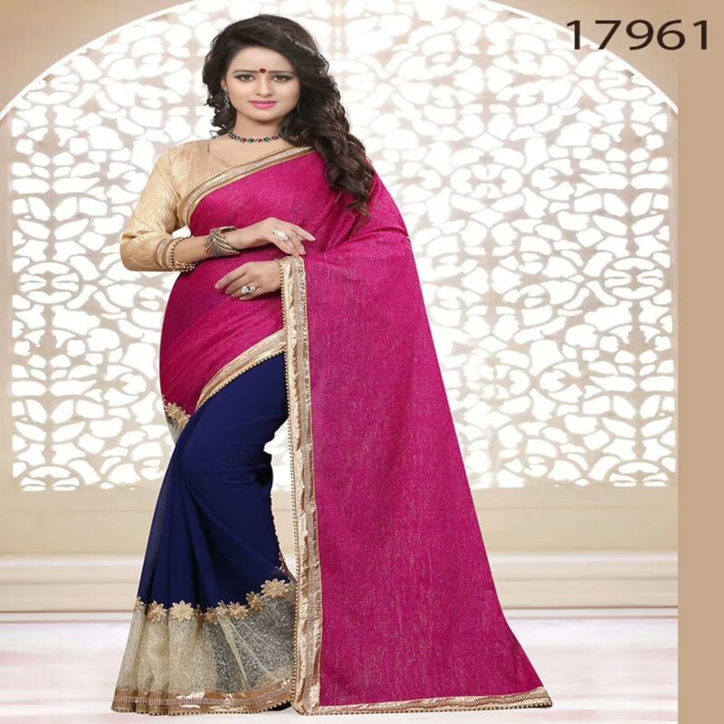 Viva N Diva Pink And Blue Colored Velvet And Georgette Saree