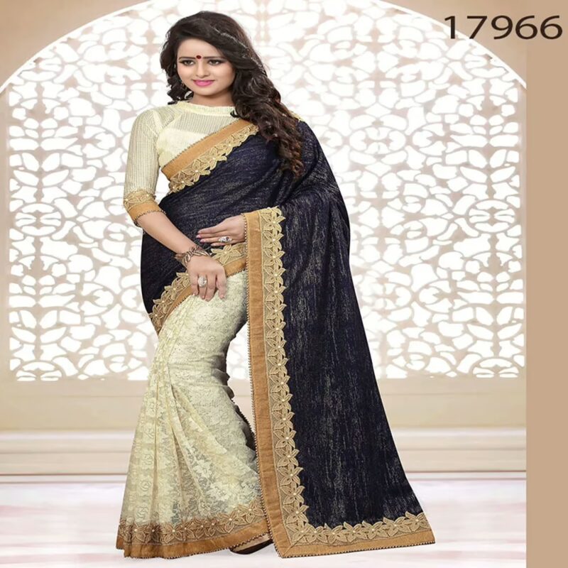 Viva N Diva Black And Cream Colored Velvet And Cotton Net Saree