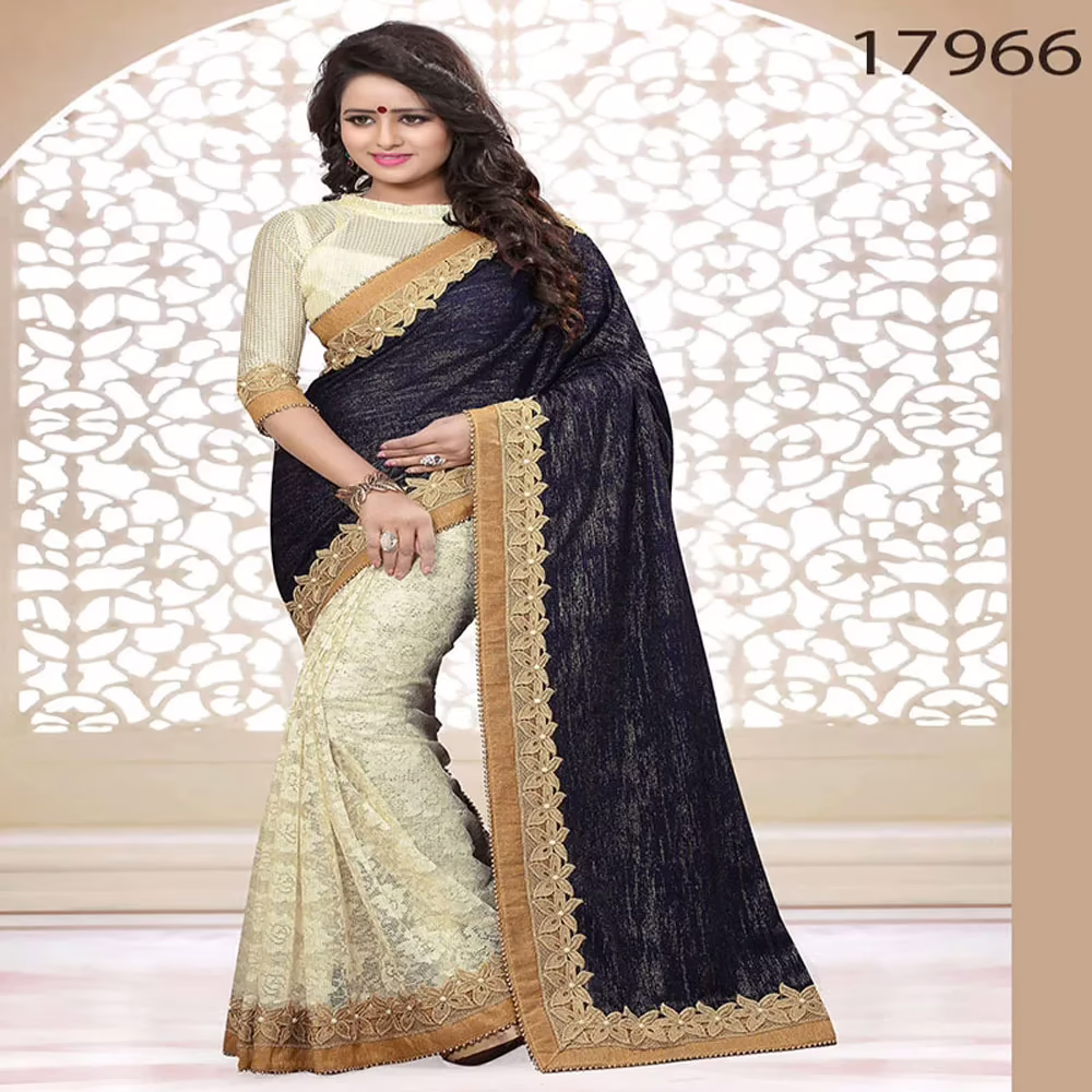 Viva N Diva Black And Cream Colored Velvet And Cotton Net Saree
