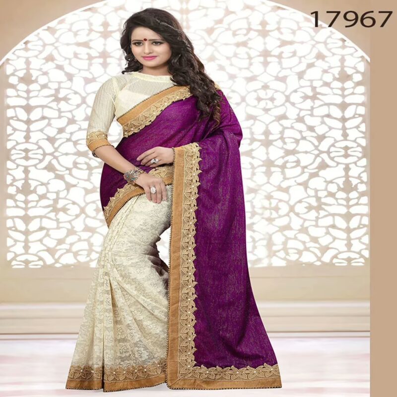 Viva N Diva Magenta And Off White Colored Velvet And Cotton Net Saree