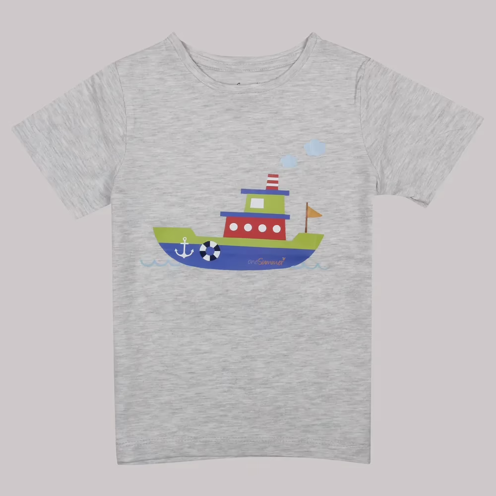 Kids Round Neck T-Shirt - Boat - Grey