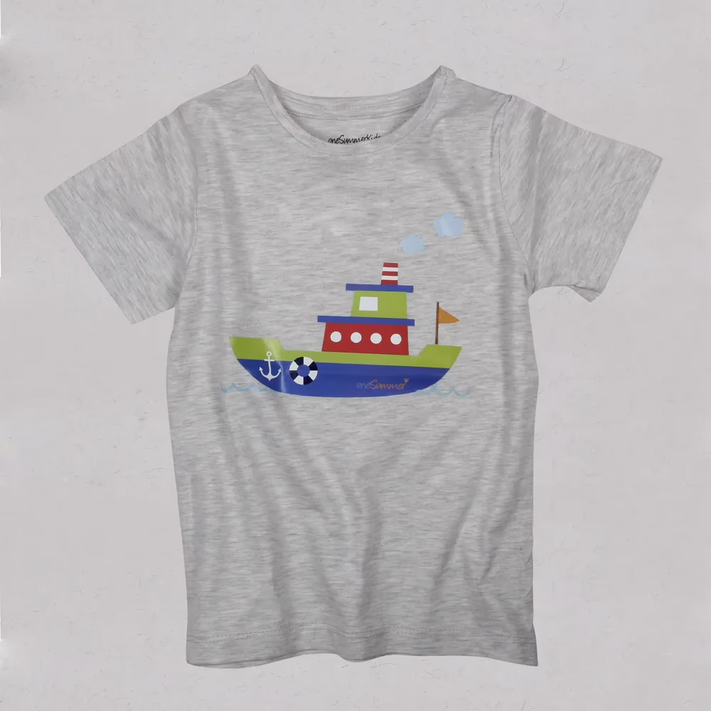 Kids Round Neck T-Shirt - Boat - Grey - Image 2