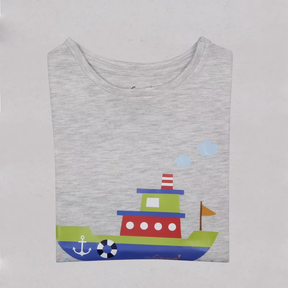 Kids Round Neck T-Shirt - Boat - Grey - Image 3