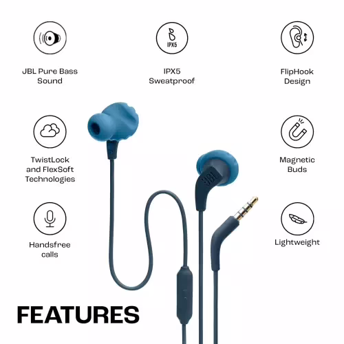 JBL Endurance Run 2 with Fliphook & TwistLock Technology, Pure Bass, IPX5 Sweatproof Wired Headset??(Blue, In the Ear)