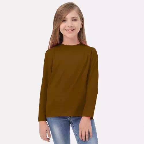Brown Round Neck Kids Cotton Full Sleeve Tshirt
