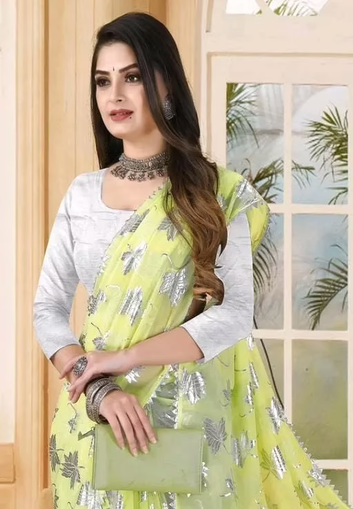 Aadishakti Yellow Fashion Leaf Embellished Sarees