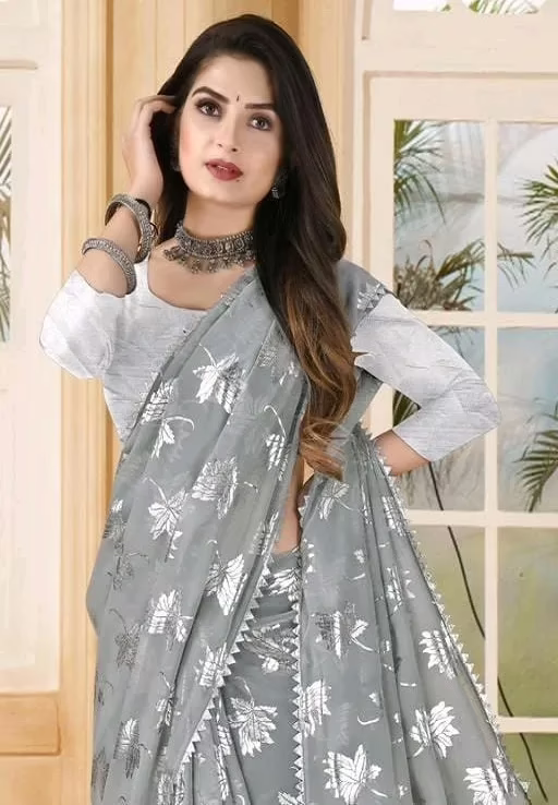 Aadishakti Grey Fashion Leaf Embellished Sarees