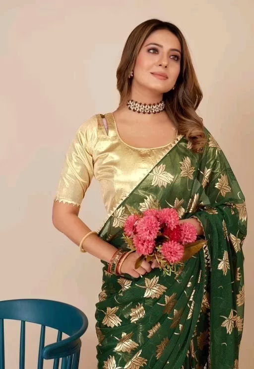 Aadishakti Green Fashion Leaf Embellished Sarees