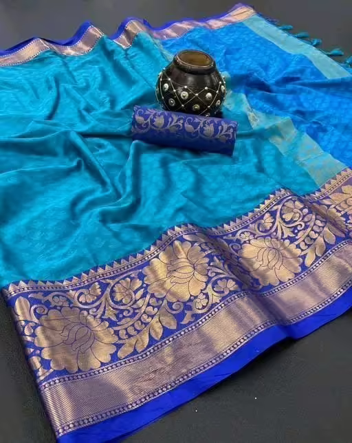 Trendy Blue Cotton Silk Green Sarees