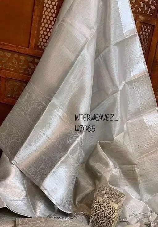 Grey Tissue Tassels and Latkans Saree With Blouse - Image 2