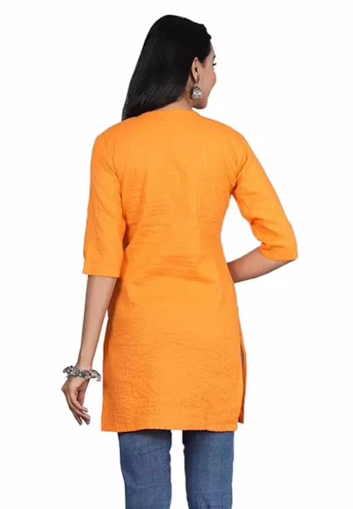 Orange Women Cotton V-Neck Short Kurtis - Image 2
