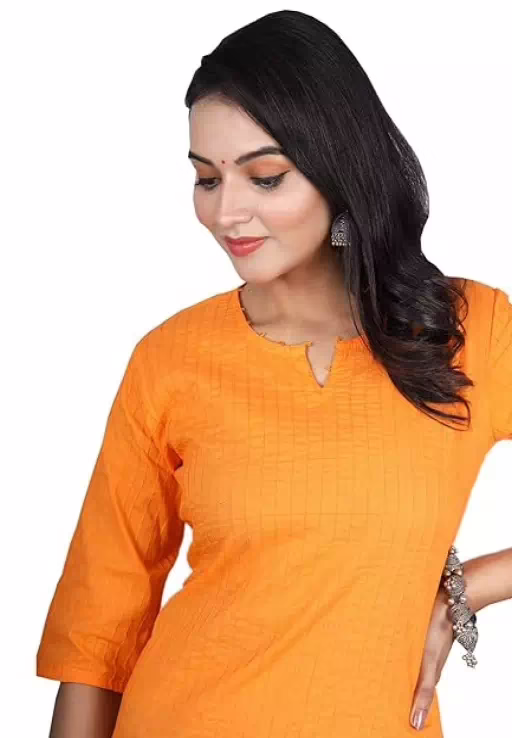 Orange Women Cotton V-Neck Short Kurtis - Image 3