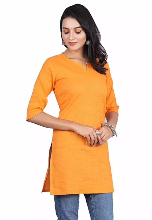 Orange Women Cotton V-Neck Short Kurtis