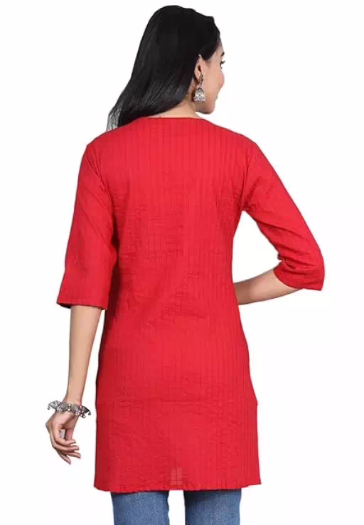 Red Women Cotton V-Neck Short Kurtis - Image 2